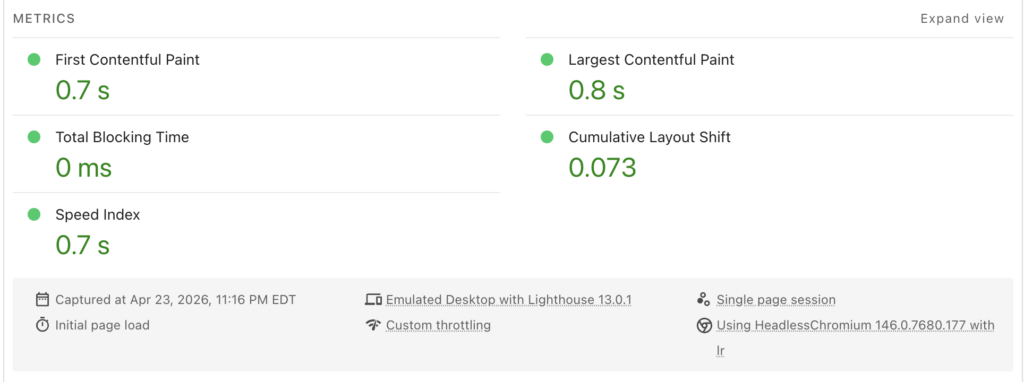 A screenshot of core web vitals collected as lab data in PageSpeed Insights.