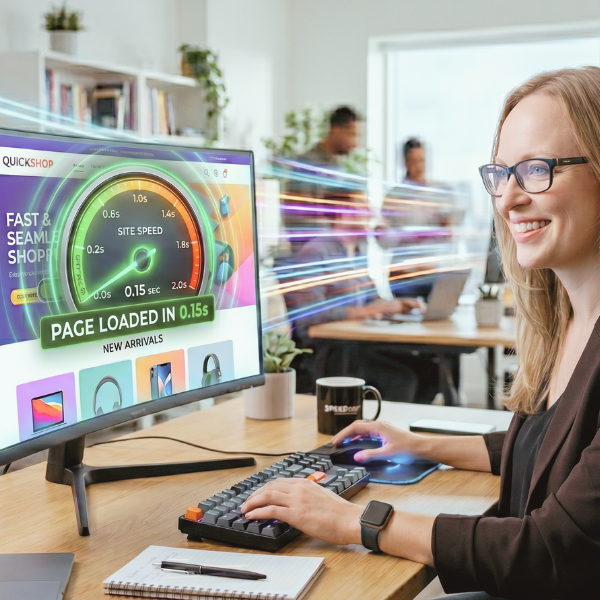 An image of Pam sitting at a desktop computer and the website she's looking at has a page speed gauge that says the site loaded fast.