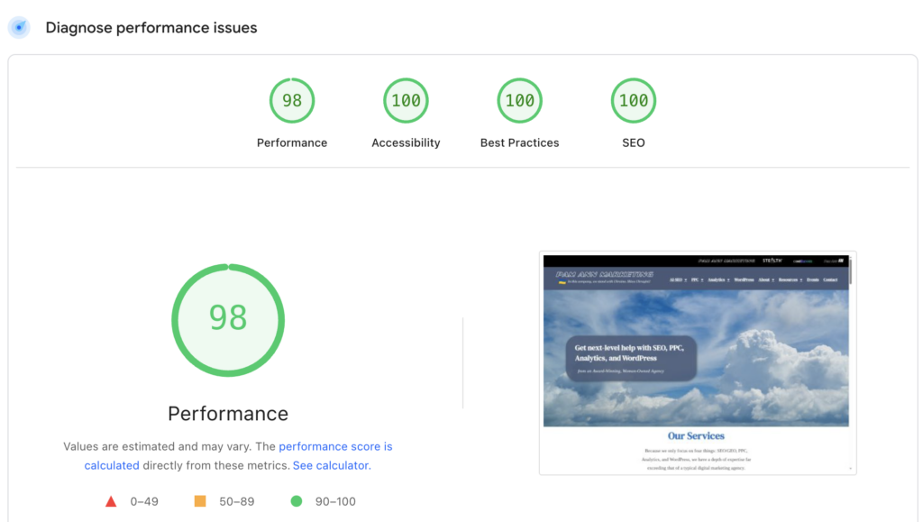 A screenshot of a pagespeed insights score (the score is 98). 