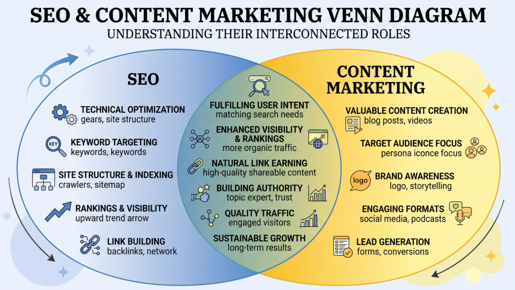 A Venn diagram showing two intersecting circles, one for SEO, and one for Content Marketing, with words in each circle to delineate the roles and show the crossover.