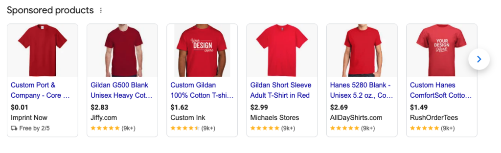 A screenshot showing Google Shopping Ads, which are product-listing based ads and contain product photos, prices, and ratings. 