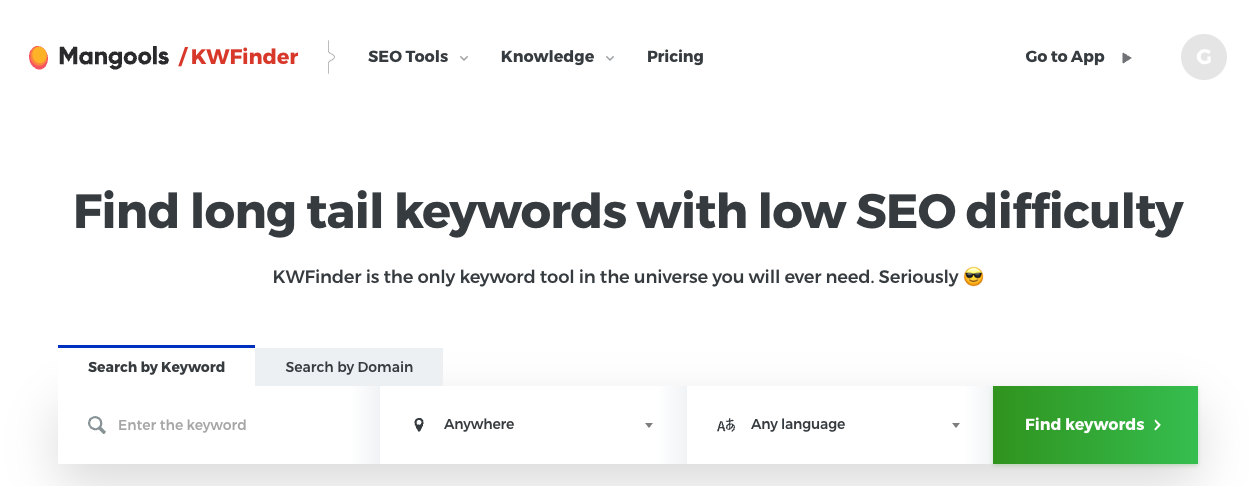 Mangools KWFinder tool homepage, where you can begin your SEO keyword research 
