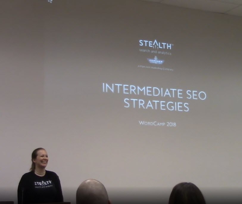 Pam Aungst Cronin presenting at WordCamp 2018 on Intermediate SEO Strategy