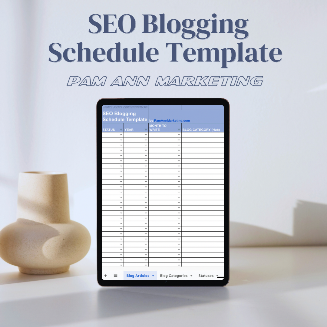 Graphic titled “SEO Blogging Schedule Template” showing a spreadsheet on a tablet