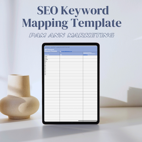 Graphic titled “SEO Keyword Mapping Template” showing a spreadsheet on a tablet