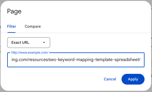Screenshot of search console performance page filter