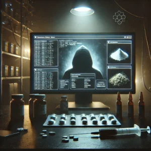 Dimly lit computer screen showing illegal drugs with a shadowy, ominous atmosphere.