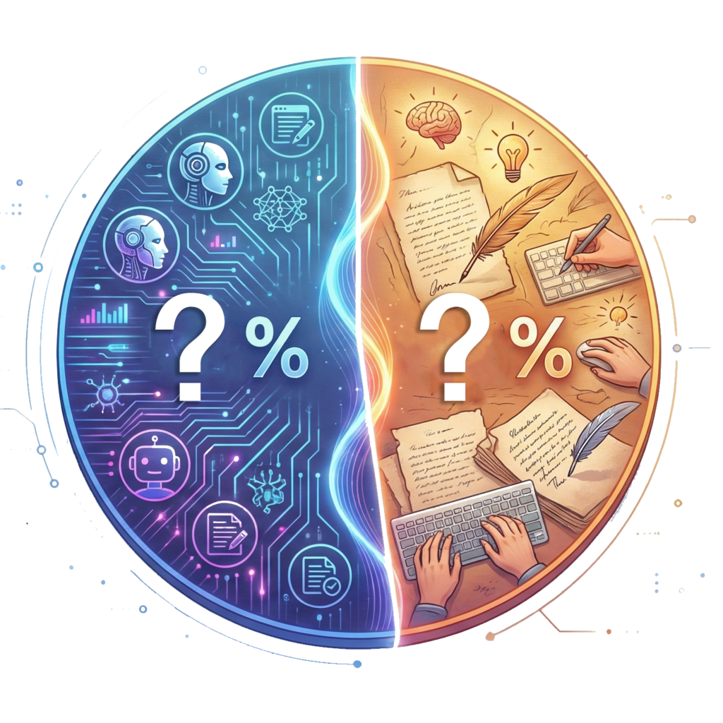 Image of a pie chart representing AI-generated content and human-generated content, with question marks for the percentages on each side