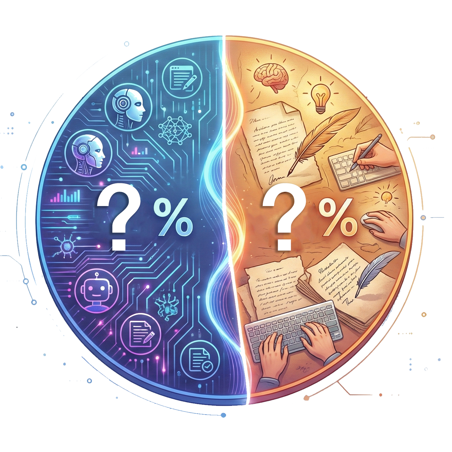 Image of a pie chart representing AI-generated content and human-generated content, with question marks for the percentages on each side