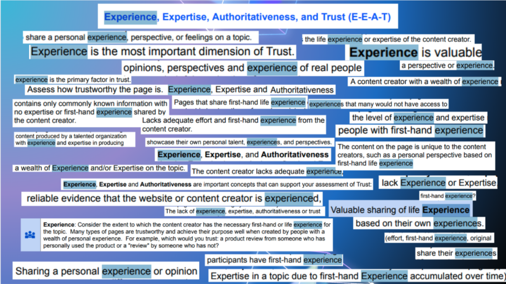 A screenshot of a wide variety of references to personal experience in Google's Quality Rater Guidelines. 
