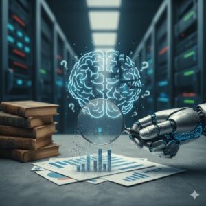 An image showing a brain hovering above a robot hand holding a magnifying glass over some charts, depicting skepticism of AI-SEO studies