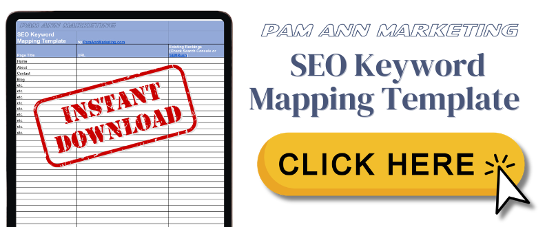 Graphic with a "click here" button to download the free SEO keyword mapping template