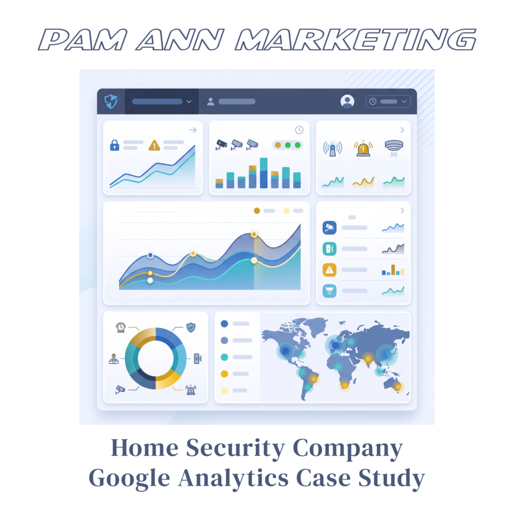 Graphic for Pam Ann Marketing featuring a stylized analytics dashboard with various charts, a world map, and home security icons, above the text "Home Security Company Google Analytics Case Study".