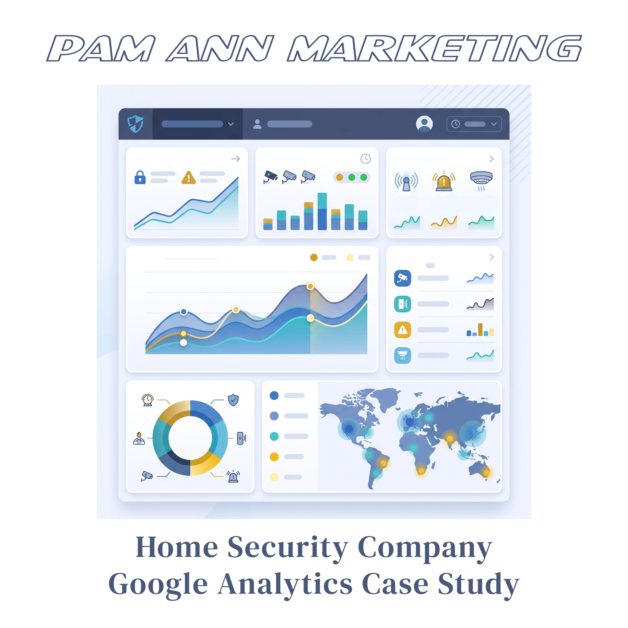 Graphic for Pam Ann Marketing featuring a stylized analytics dashboard with various charts, a world map, and home security icons, above the text "Home Security Company Google Analytics Case Study".