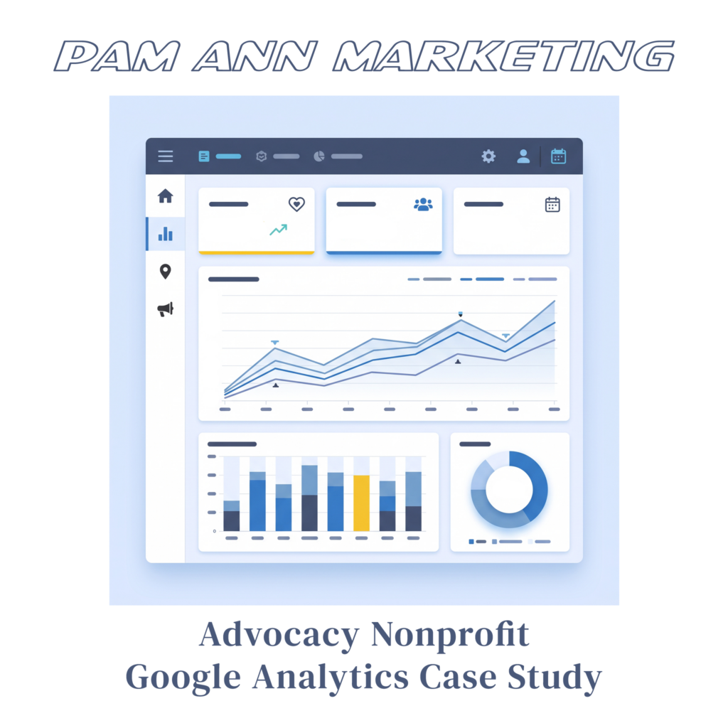 Graphic for Pam Ann Marketing featuring a stylized analytics dashboard with various charts, including a line graph, bar chart, and donut chart, above the text "Advocacy Nonprofit Google Analytics Case Study".