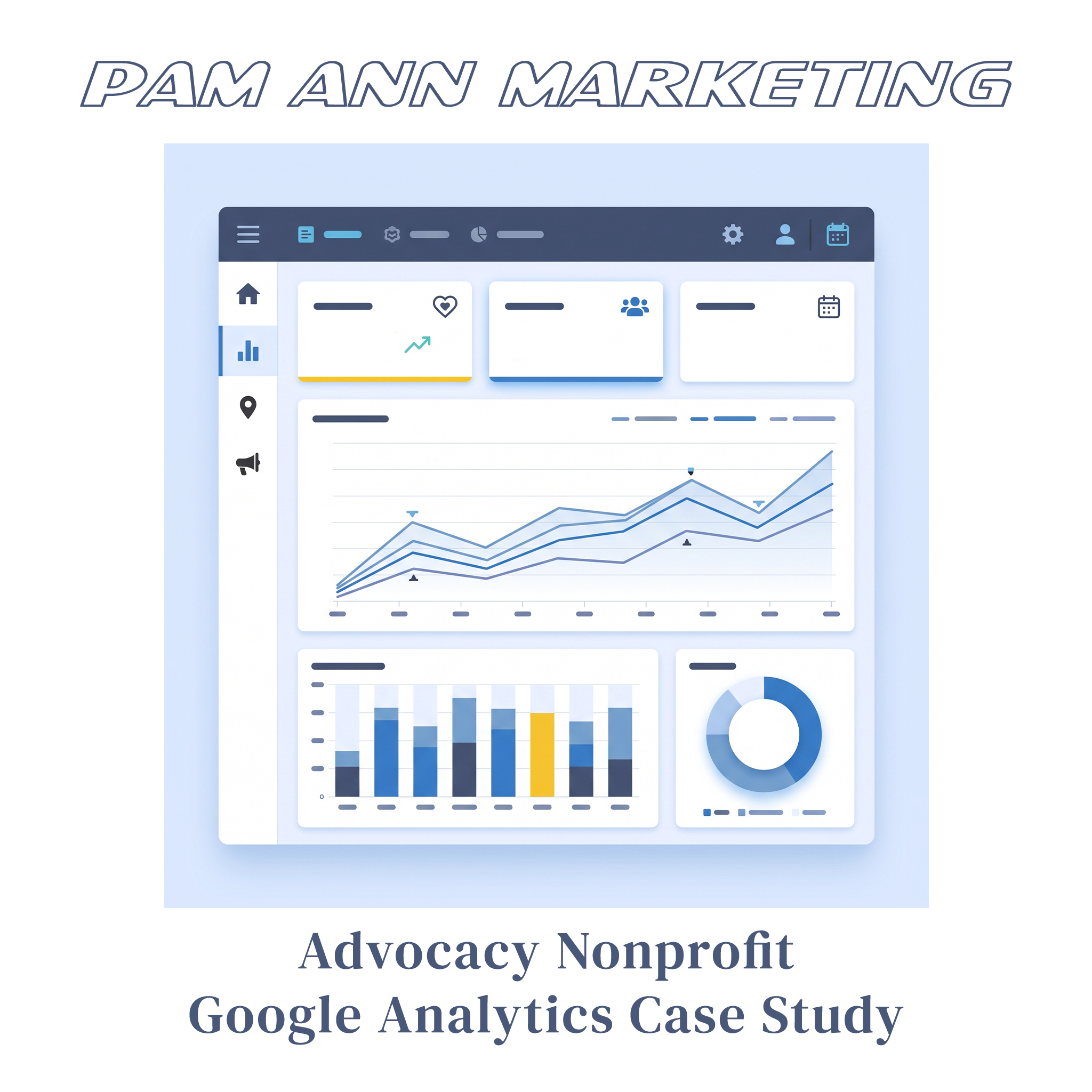 Graphic for Pam Ann Marketing featuring a stylized analytics dashboard with various charts, including a line graph, bar chart, and donut chart, above the text "Advocacy Nonprofit Google Analytics Case Study".