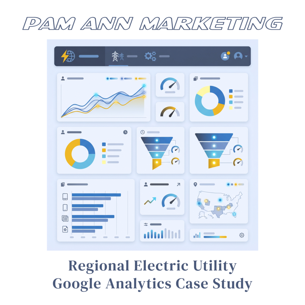 Graphic of a stylized analytics dashboard with various data visualizations, including line graphs, donut charts, funnel charts, gauge charts, horizontal and vertical bar charts, and a map of the United States.