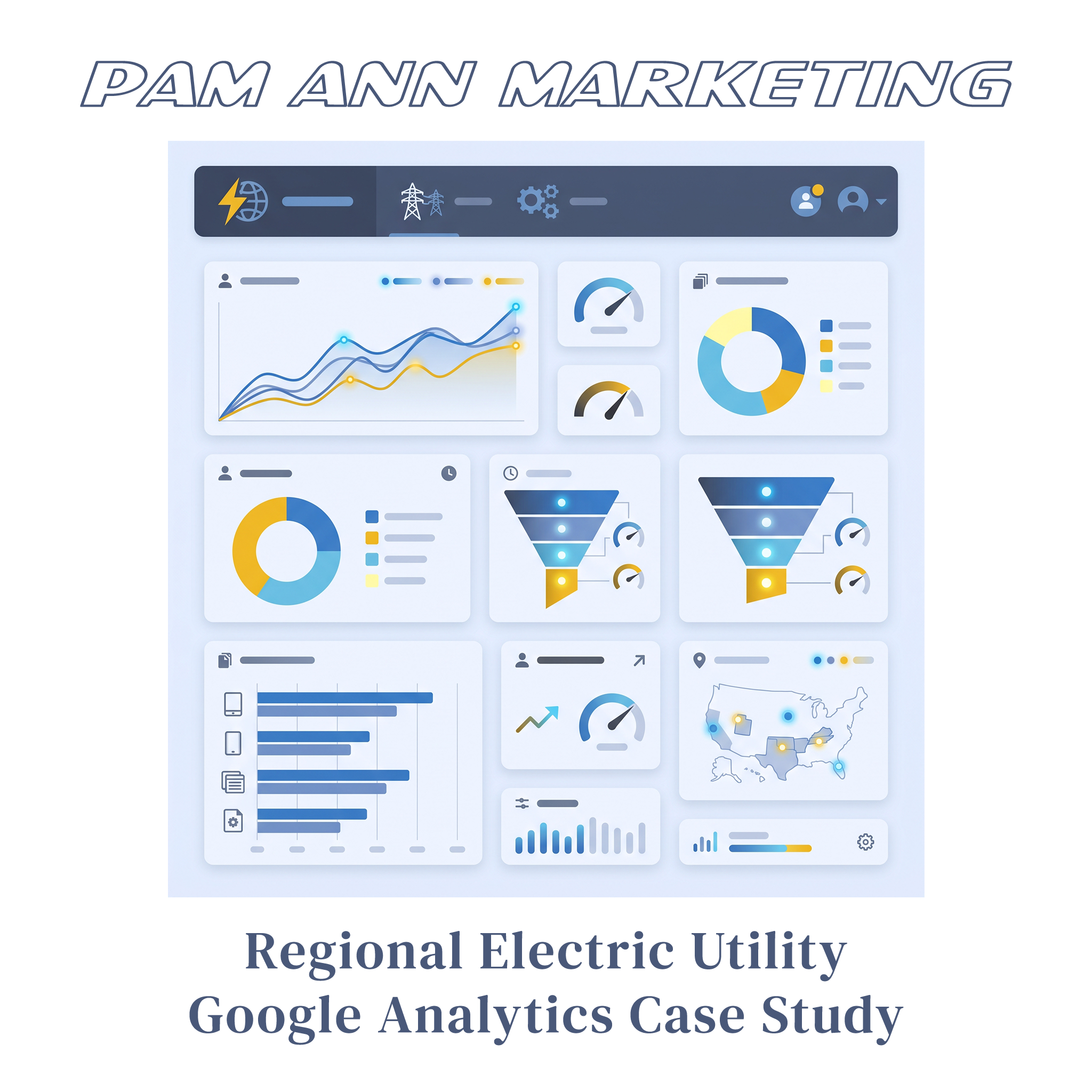 Graphic of a stylized analytics dashboard with various data visualizations, including line graphs, donut charts, funnel charts, gauge charts, horizontal and vertical bar charts, and a map of the United States.